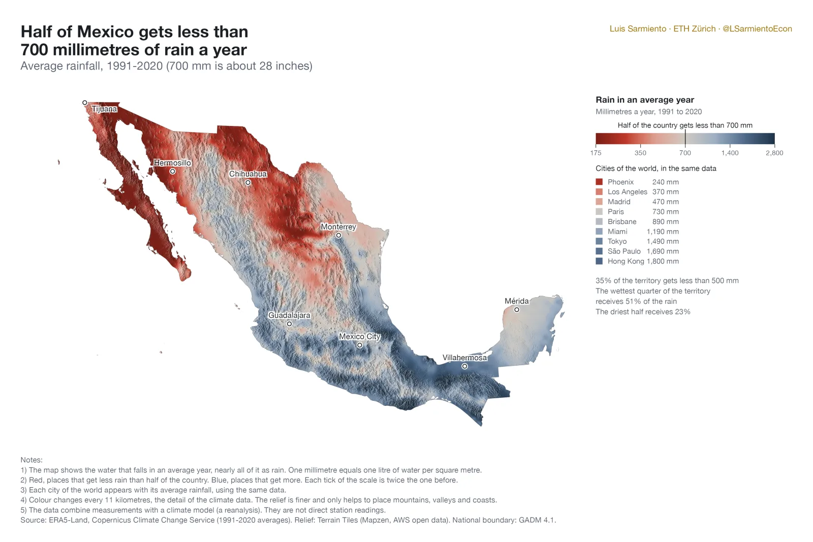 Map of the rain of an average year in Mexico, 1991 to 2020