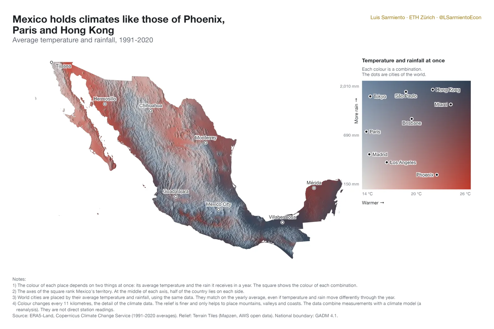 Map of temperature and rainfall in Mexico at once, with cities of the world for comparison
