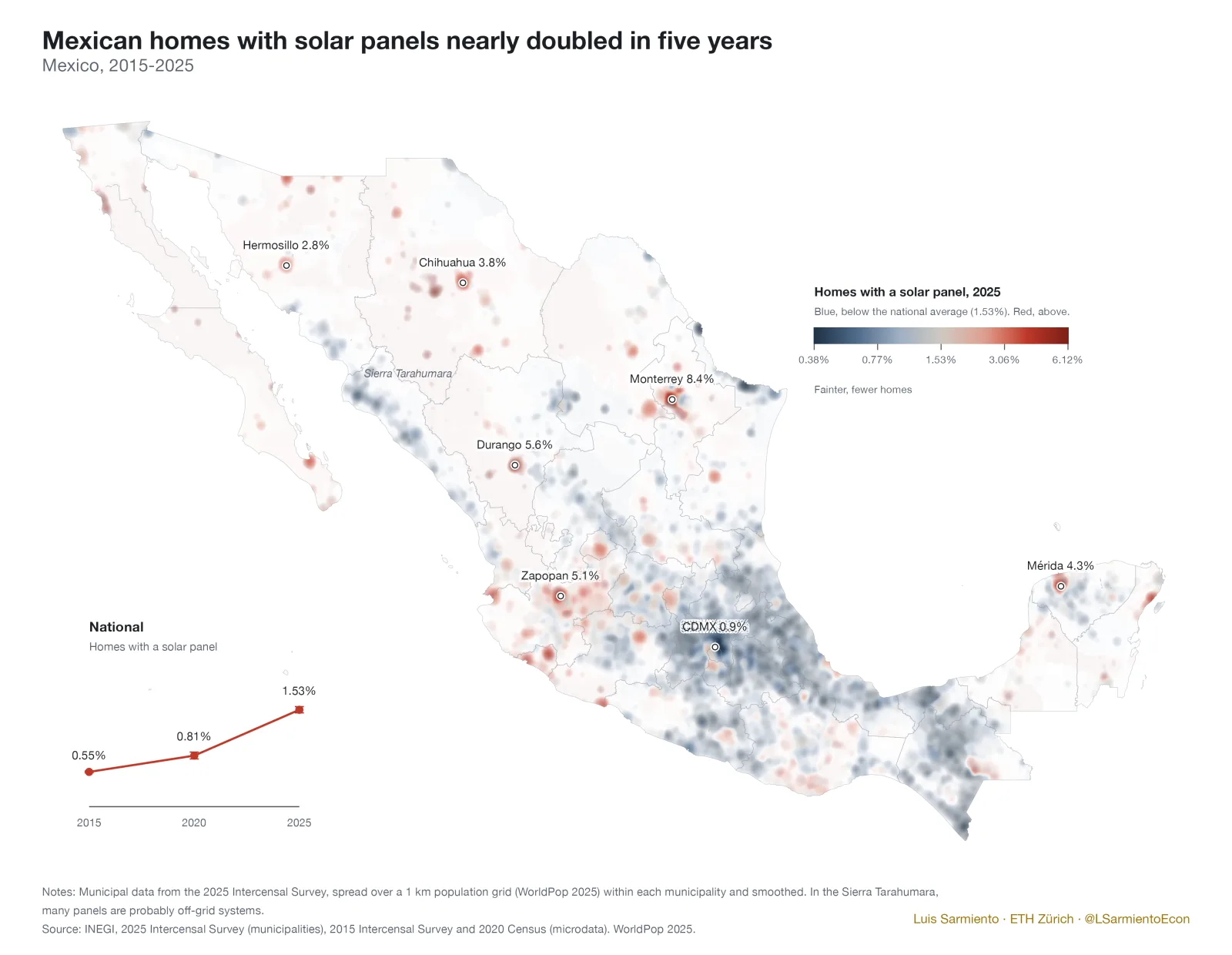 Map of the share of homes with a solar panel by municipality, 2025